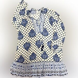 Zara Ecru Cream and Blue Patterned Dress | Sz S